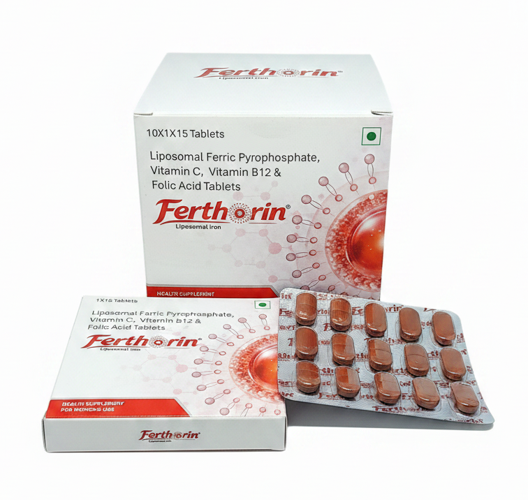 Ferthorin Tablets liposomal iron blister pack for iron deficiency anemia management in pregnancy and women’s health.