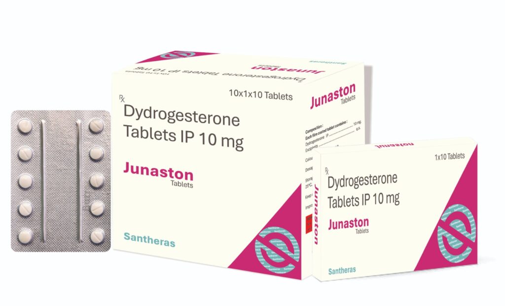 unaston 10mg tablet strip containing Dydrogesterone 10mg, a prescription progesterone medication used to support pregnancy and manage hormonal disorders.