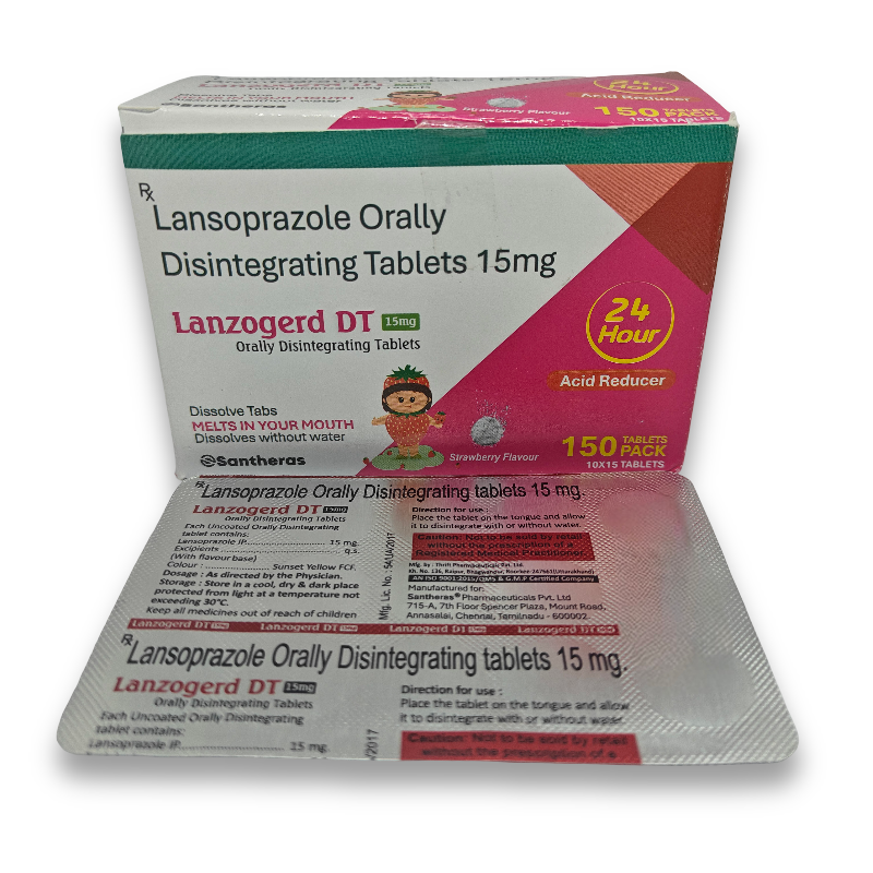 A blister strip and retail box of Lanzogerd 15 DT tablets, showing the brand name and the active ingredient, Lansoprazole 15 mg.