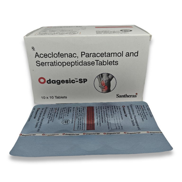 Back side of Odagesic SP tablet strip showing manufacturing, dosage, and composition information.