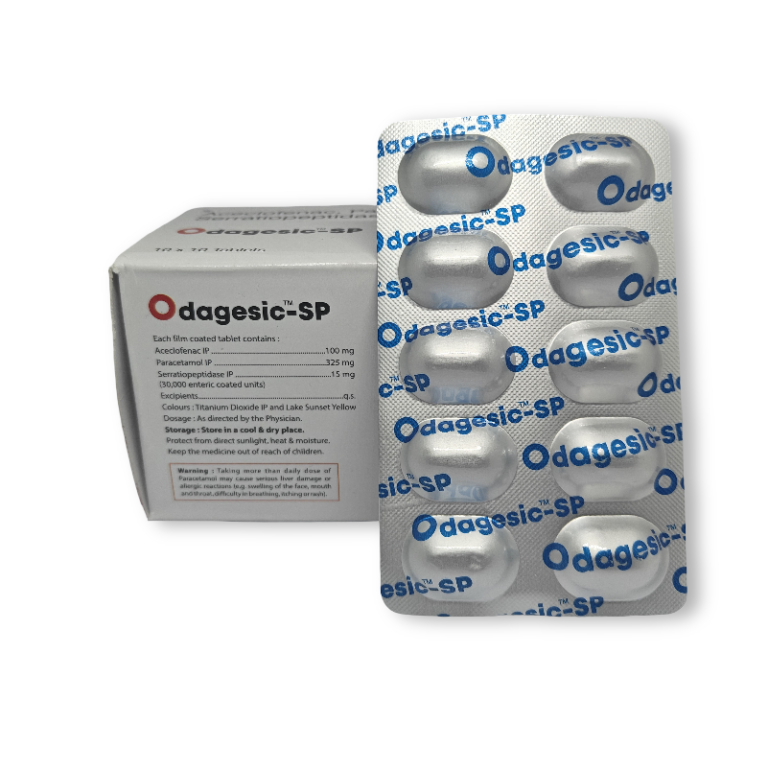 Close-up image of Odagesic SP tablets alongside the blister pack labeled with Aceclofenac 100 mg, Paracetamol 325 mg, and Serratiopeptidase 15 mg.