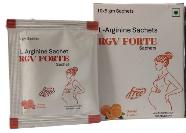 Front view of RGV Forte L Arginine 5g sachet used as a nutritional supplement during pregnancy.