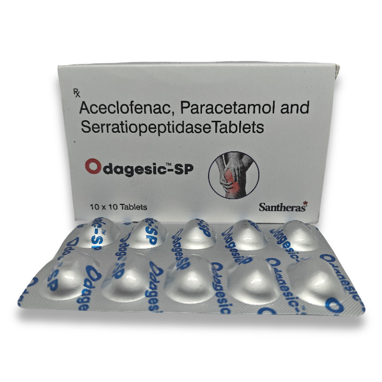 Front view of Odagesic SP tablet strip showing the composition Aceclofenac 100 mg, Paracetamol 325 mg, and Serratiopeptidase 15 mg.